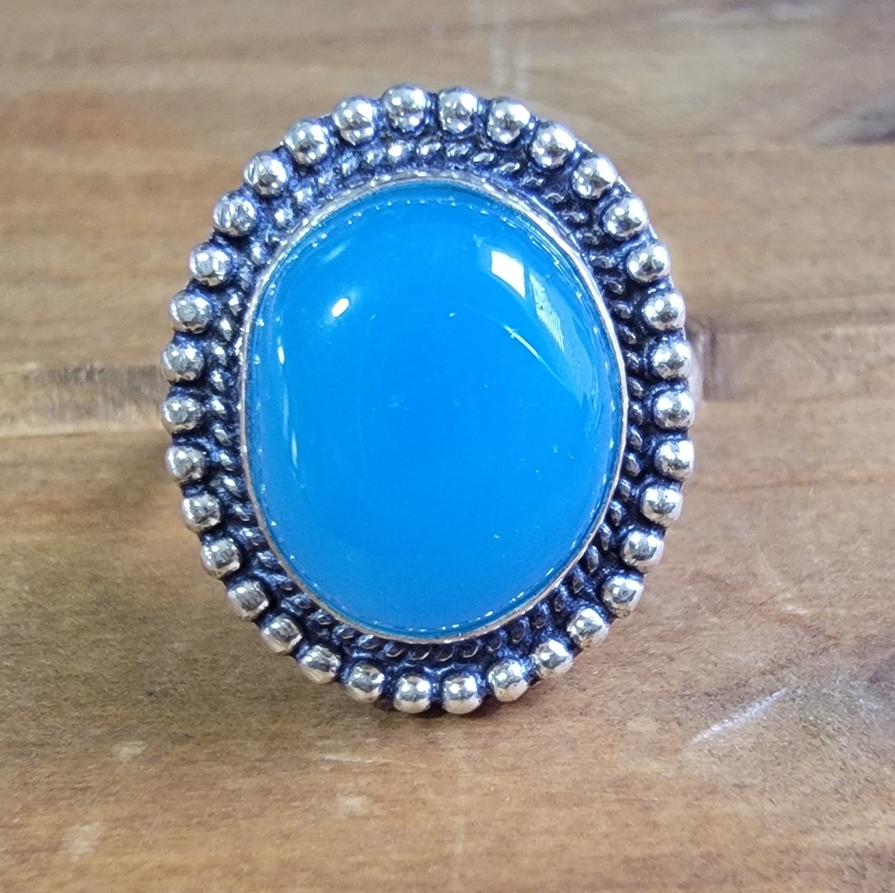 Silver Ornate Blue Ring with Decorative Border